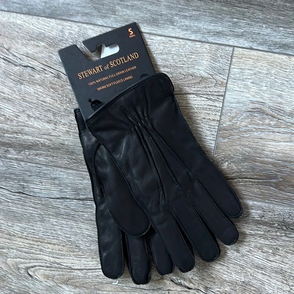 Stewart of Scotland gloves black leather small Bikercore fleece lining